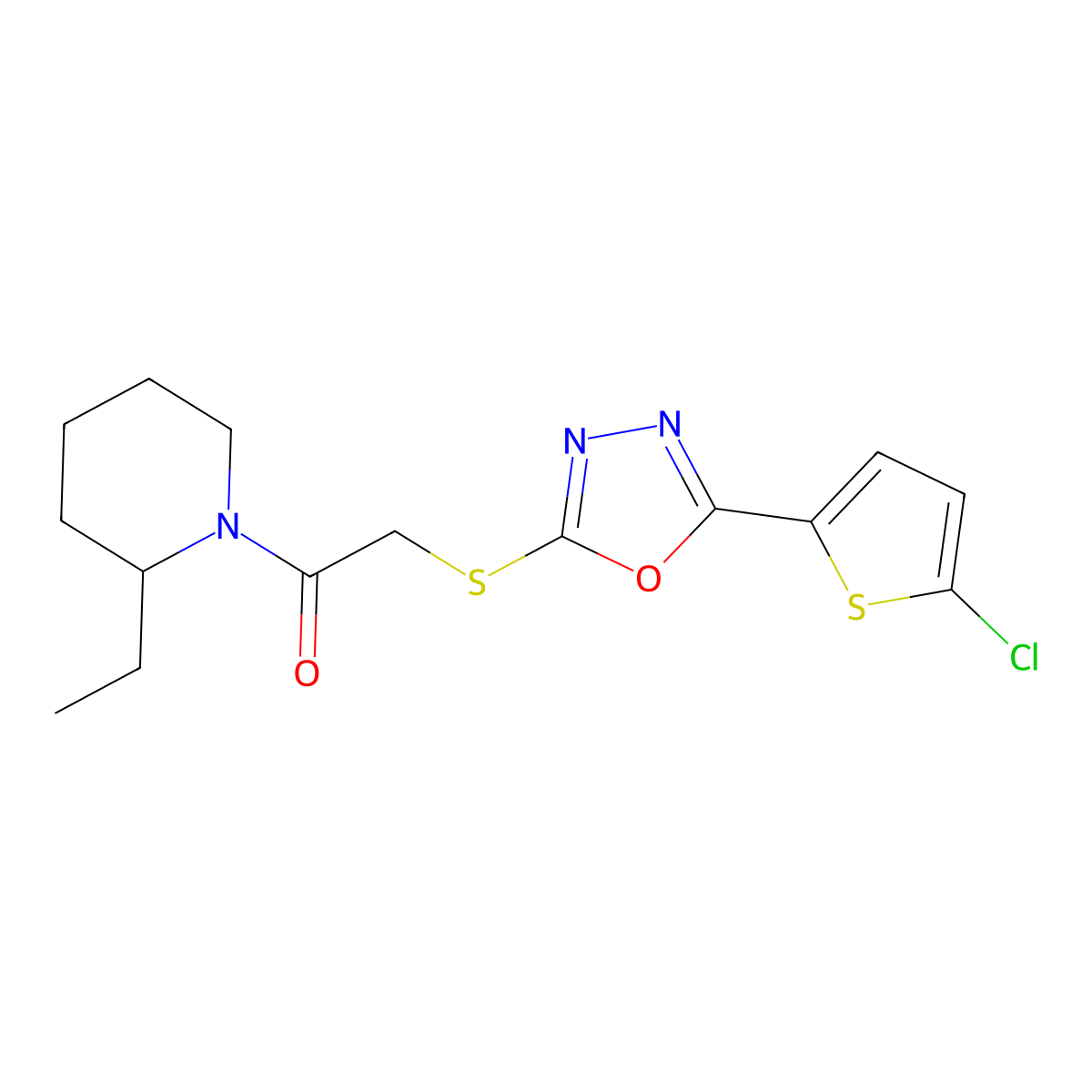 1-({[5-(5-Chlorothien-2-yl)-1,3,4-oxadiazol-2-yl]thio}acetyl)-2-ethylpiperidine molecular structure, CAS 850937-37-0