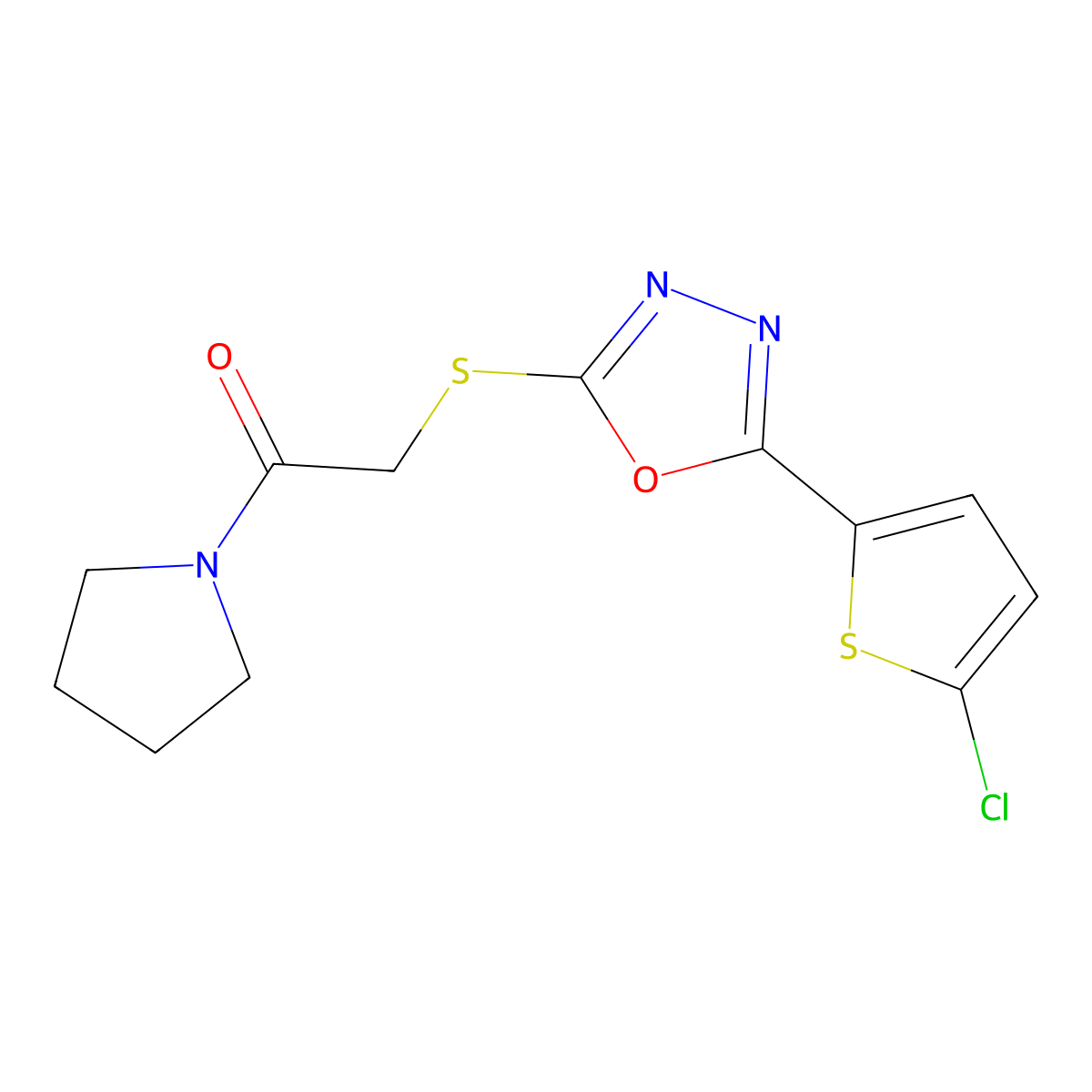 2-[[5-(5-Chlorothiophen-2-yl)-1,3,4-oxadiazol-2-yl]sulfanyl]-1-pyrrolidin-1-ylethanone molecular structure, CAS 850937-38-1