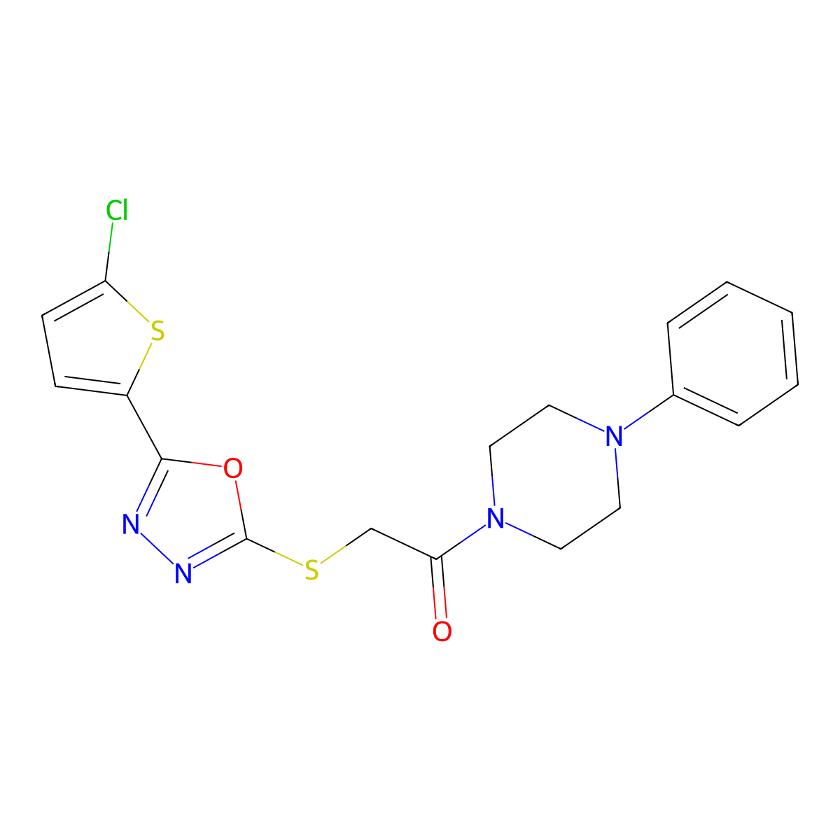 2-[[5-(5-Chlorothiophen-2-yl)-1,3,4-oxadiazol-2-yl]sulfanyl]-1-(4-phenylpiperazin-1-yl)ethanone molecular structure, CAS 850937-41-6