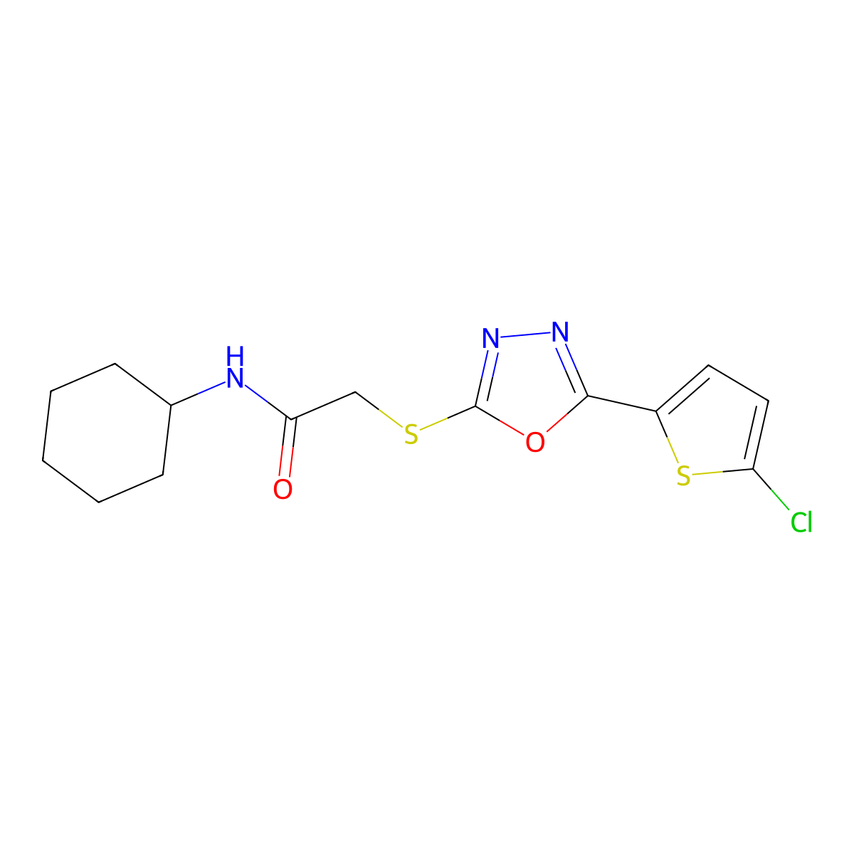 2-((5-(5-chlorothiophen-2-yl)-1,3,4-oxadiazol-2-yl)thio)-N-cyclohexylacetamide molecular structure, CAS 850937-42-7
