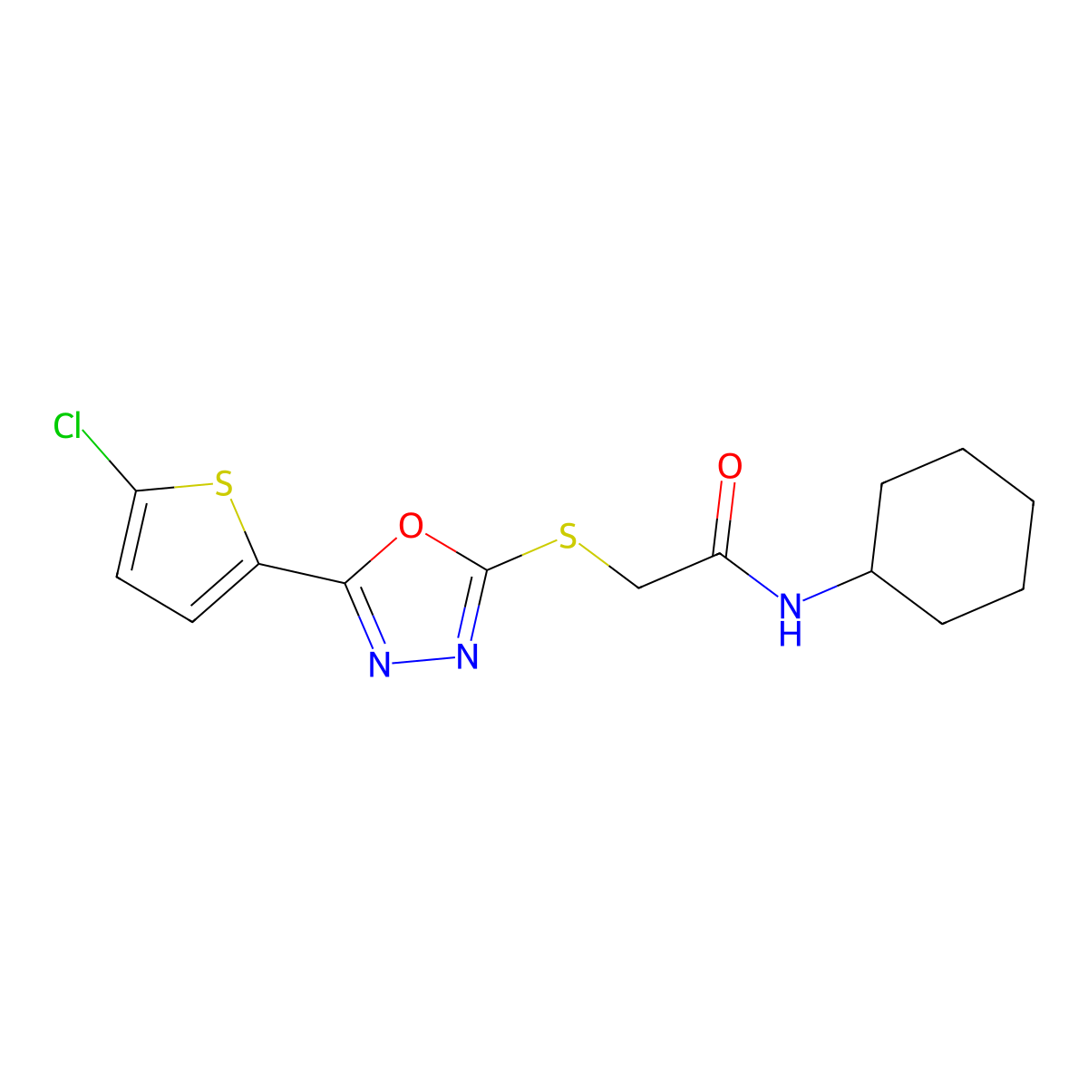 2-((5-(5-chlorothiophen-2-yl)-1,3,4-oxadiazol-2-yl)thio)-N-cyclohexylacetamide molecular structure, CAS 850937-42-7