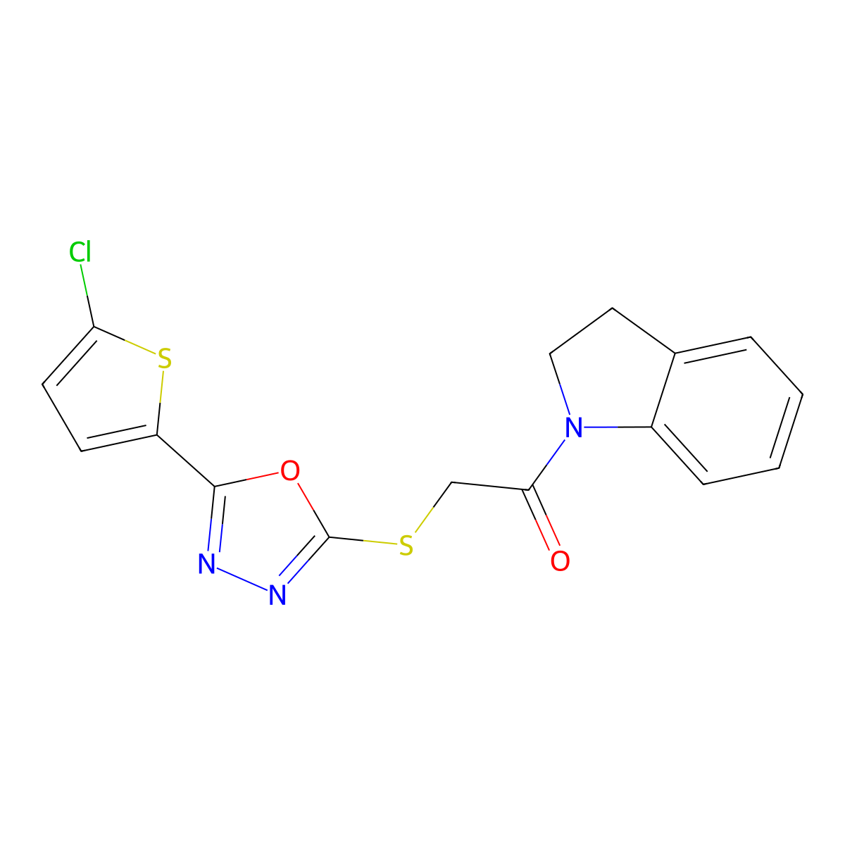 2-((5-(5-Chlorothiophen-2-yl)-1,3,4-oxadiazol-2-yl)thio)-1-(indolin-1-yl)ethanone molecular structure, CAS 850937-43-8