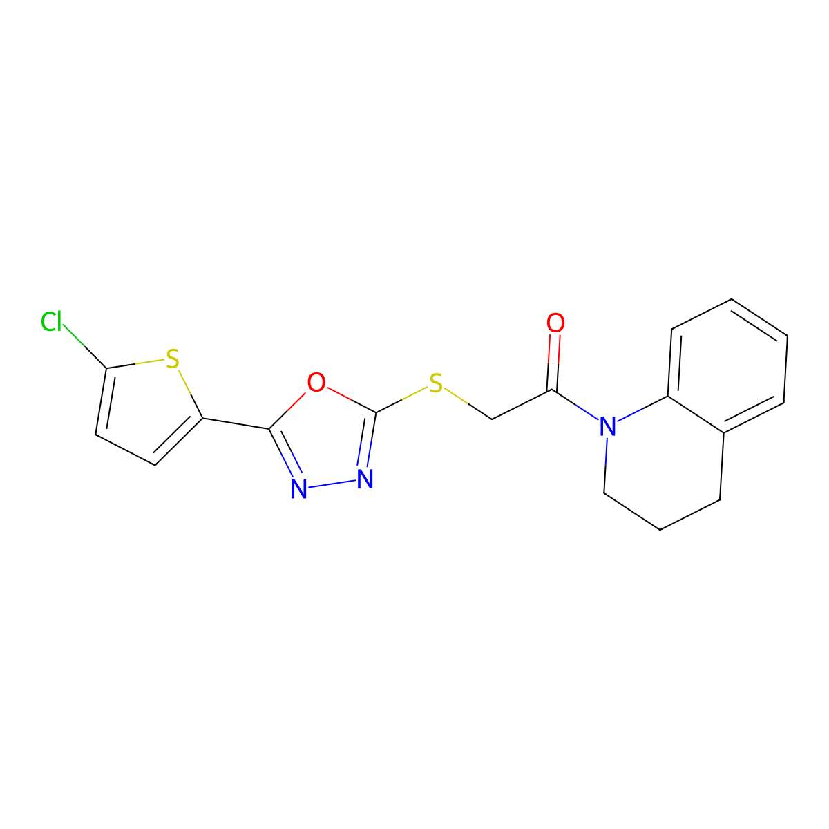 2-[[5-(5-chloro-2-thiophenyl)-1,3,4-oxadiazol-2-yl]thio]-1-(3,4-dihydro-2H-quinolin-1-yl)ethanone molecular structure, CAS 850937-44-9