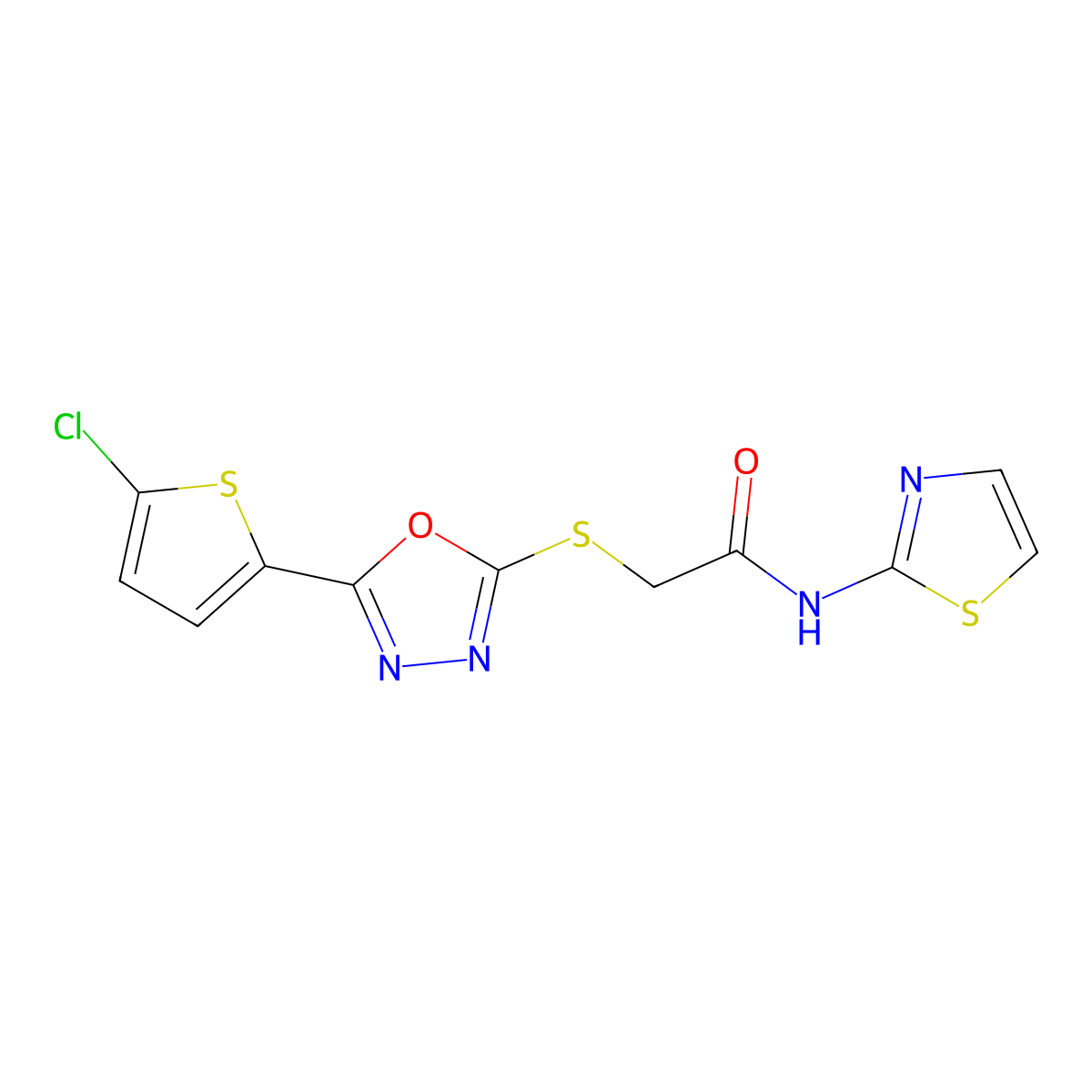 2-((5-(5-chlorothiophen-2-yl)-1,3,4-oxadiazol-2-yl)thio)-N-(thiazol-2-yl)acetamide molecular structure, CAS 850937-45-0