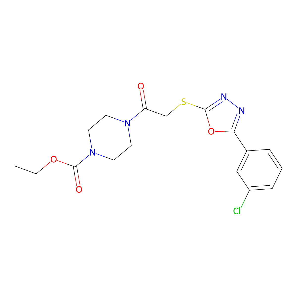 Ethyl 4-(2-((5-(3-chlorophenyl)-1,3,4-oxadiazol-2-yl)thio)acetyl)piperazine-1-carboxylate molecular structure, CAS 850937-58-5