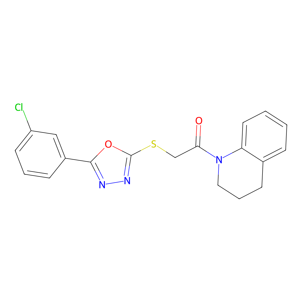 2-((5-(3-chlorophenyl)-1,3,4-oxadiazol-2-yl)thio)-1-(3,4-dihydroquinolin-1(2H)-yl)ethanone molecular structure, CAS 850937-59-6