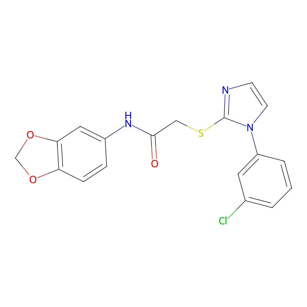 N-(benzo[d][1,3]dioxol-5-yl)-2-((1-(3-chlorophenyl)-1H-imidazol-2-yl)thio)acetamide molecular structure, CAS 851078-96-1