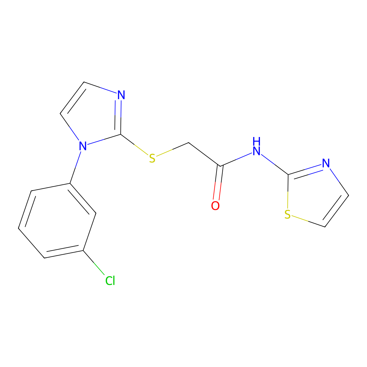 2-((1-(3-chlorophenyl)-1H-imidazol-2-yl)thio)-N-(thiazol-2-yl)acetamide molecular structure, CAS 851079-01-1