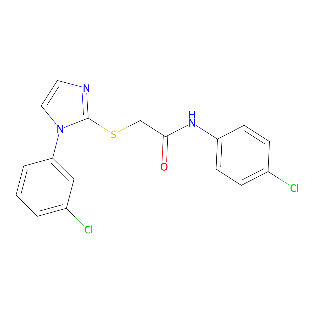 N-(4-chlorophenyl)-2-[1-(3-chlorophenyl)imidazol-2-yl]sulfanylacetamide molecular structure, CAS 851079-05-5