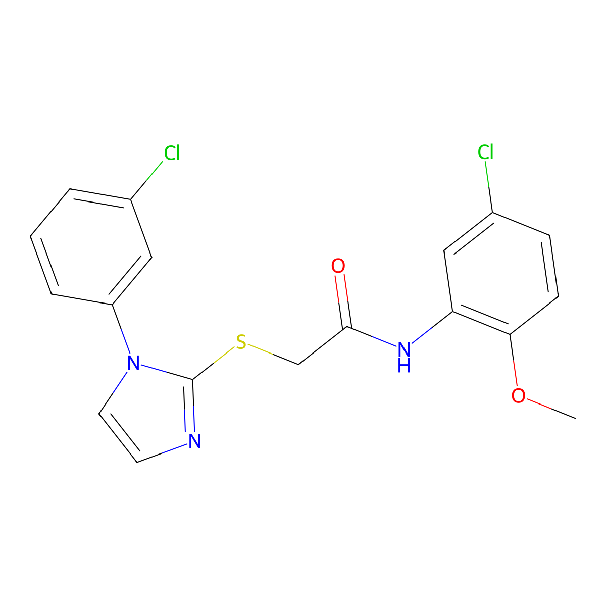 N-(5-chloro-2-methoxyphenyl)-2-((1-(3-chlorophenyl)-1H-imidazol-2-yl)thio)acetamide molecular structure, CAS 851079-09-9