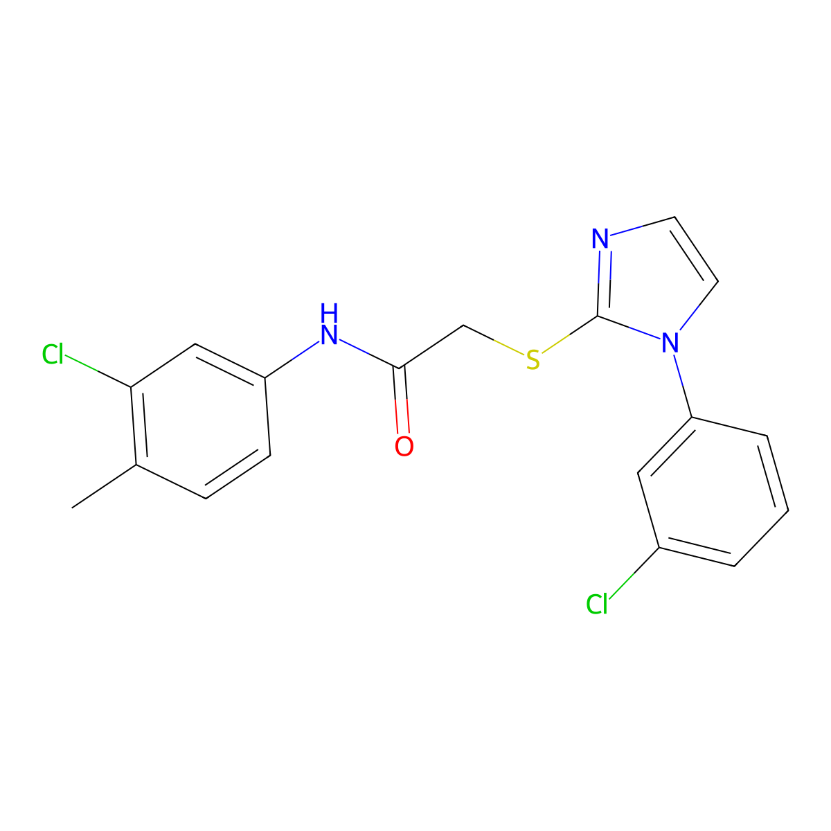 N-(3-chloro-4-methylphenyl)-2-((1-(3-chlorophenyl)-1H-imidazol-2-yl)thio)acetamide molecular structure, CAS 851079-11-3