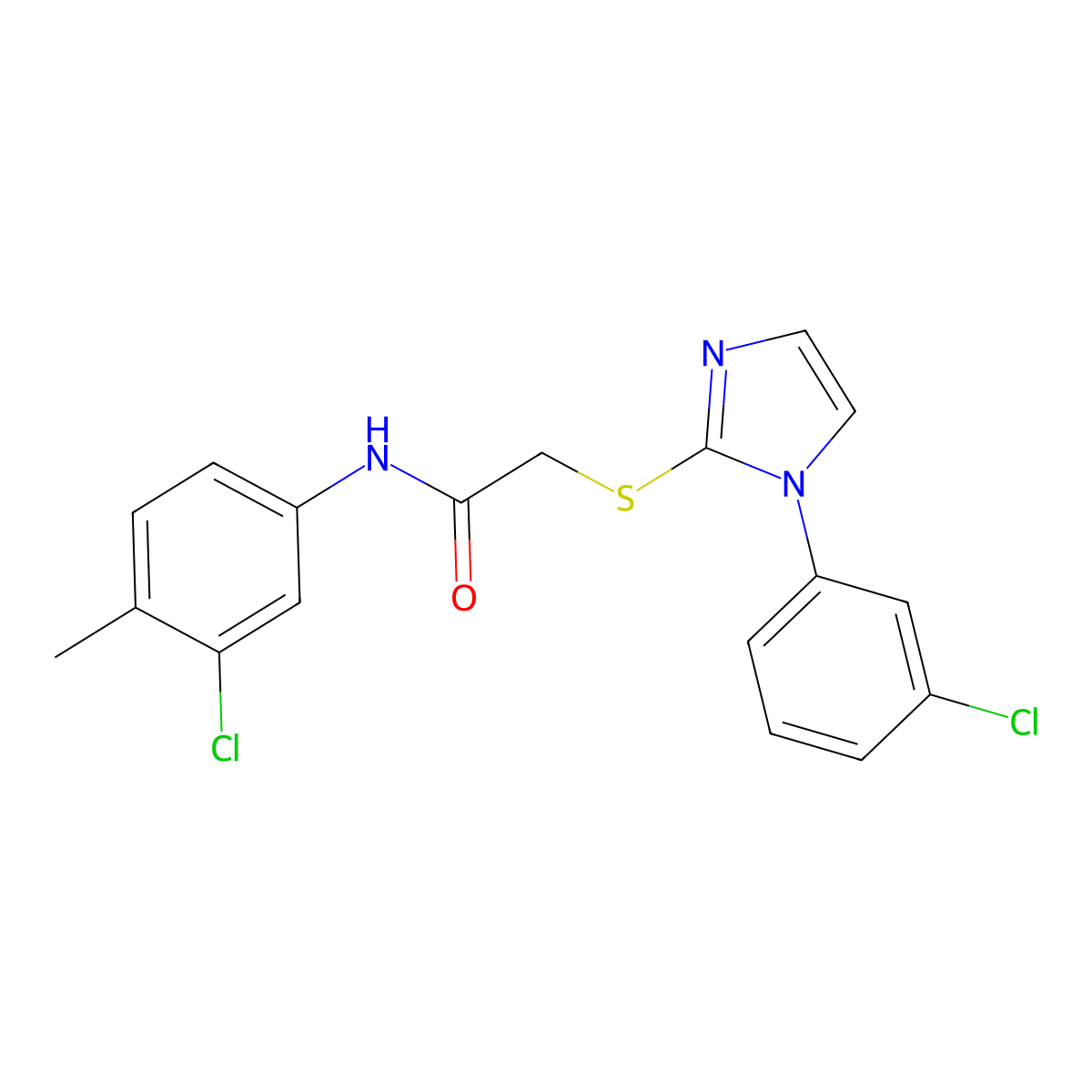 N-(3-chloro-4-methylphenyl)-2-((1-(3-chlorophenyl)-1H-imidazol-2-yl)thio)acetamide molecular structure, CAS 851079-11-3