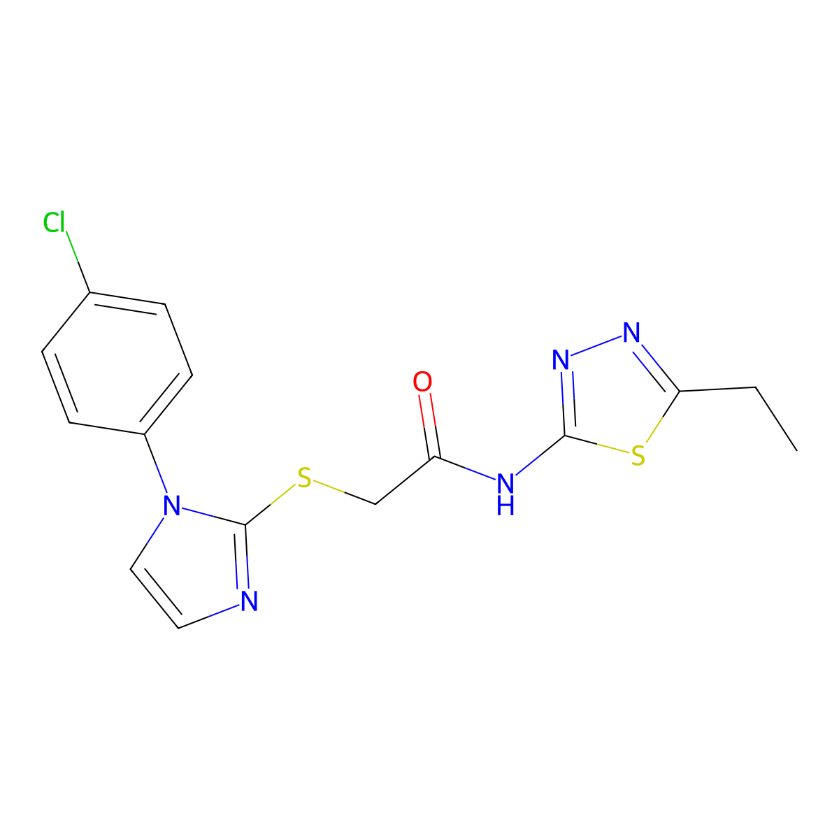 2-[1-(4-chlorophenyl)imidazol-2-yl]sulfanyl-N-(5-ethyl-1,3,4-thiadiazol-2-yl)acetamide molecular structure, CAS 851079-24-8