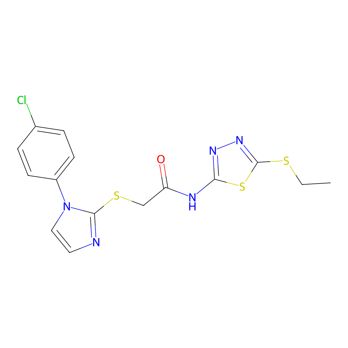 2-((1-(4-chlorophenyl)-1H-imidazol-2-yl)thio)-N-(5-(ethylthio)-1,3,4-thiadiazol-2-yl)acetamide molecular structure, CAS 851079-25-9