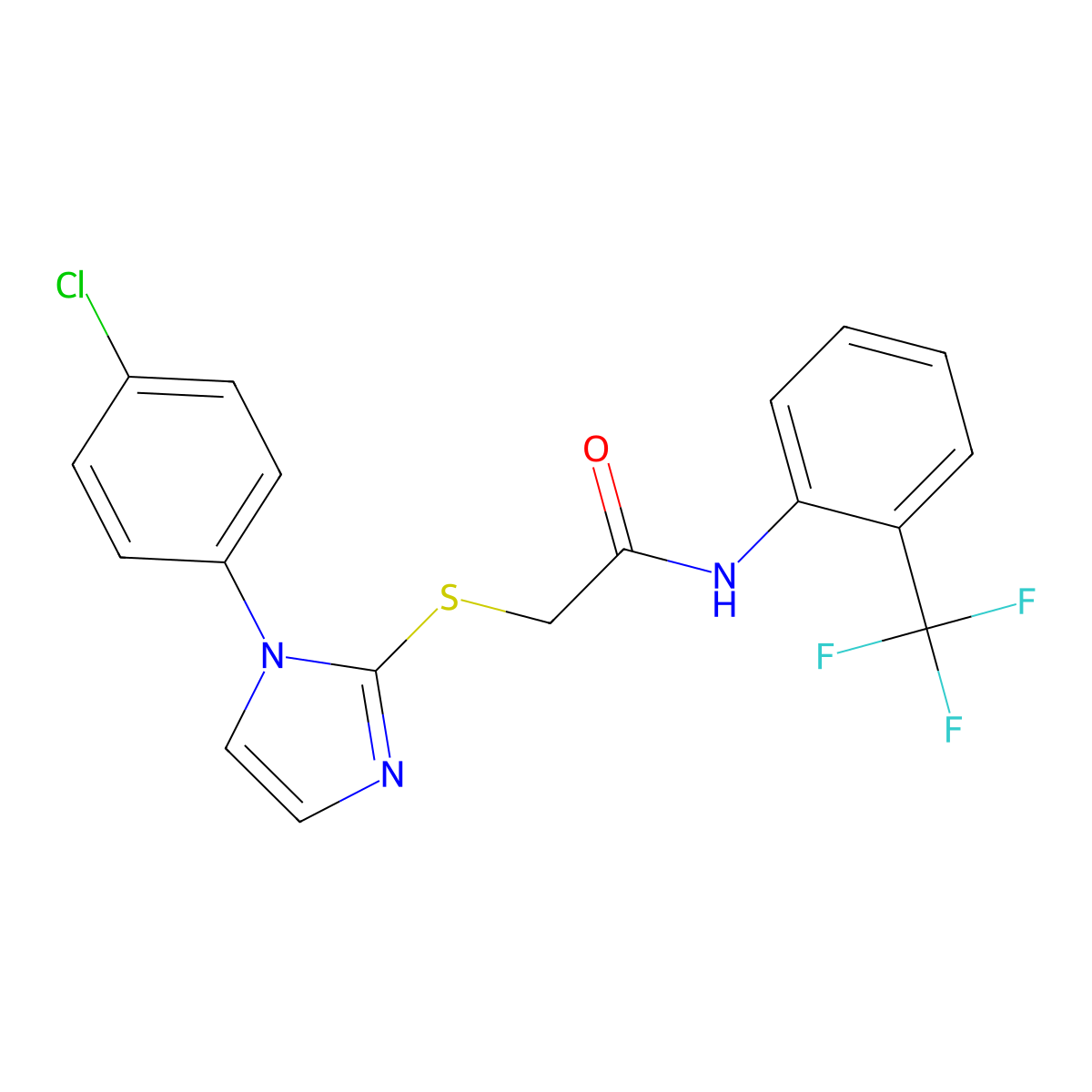 2-((1-(4-chlorophenyl)-1H-imidazol-2-yl)thio)-N-(2-(trifluoromethyl)phenyl)acetamide molecular structure, CAS 851079-26-0