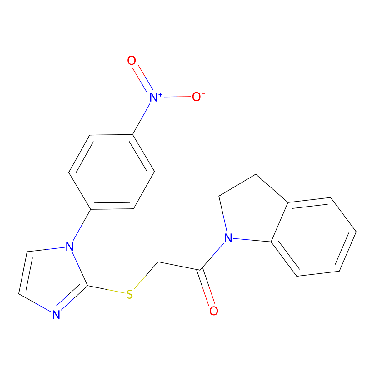 1-(indolin-1-yl)-2-((1-(4-nitrophenyl)-1H-imidazol-2-yl)thio)ethanone molecular structure, CAS 851079-32-8
