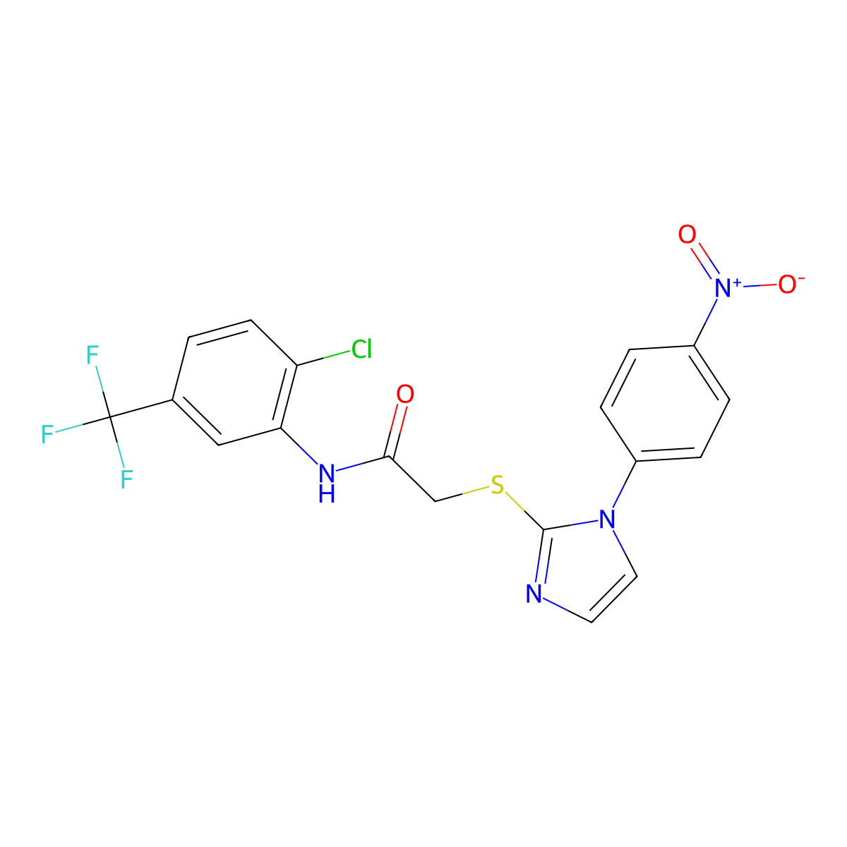 N-(2-chloro-5-(trifluoromethyl)phenyl)-2-((1-(4-nitrophenyl)-1H-imidazol-2-yl)thio)acetamide molecular structure, CAS 851079-33-9