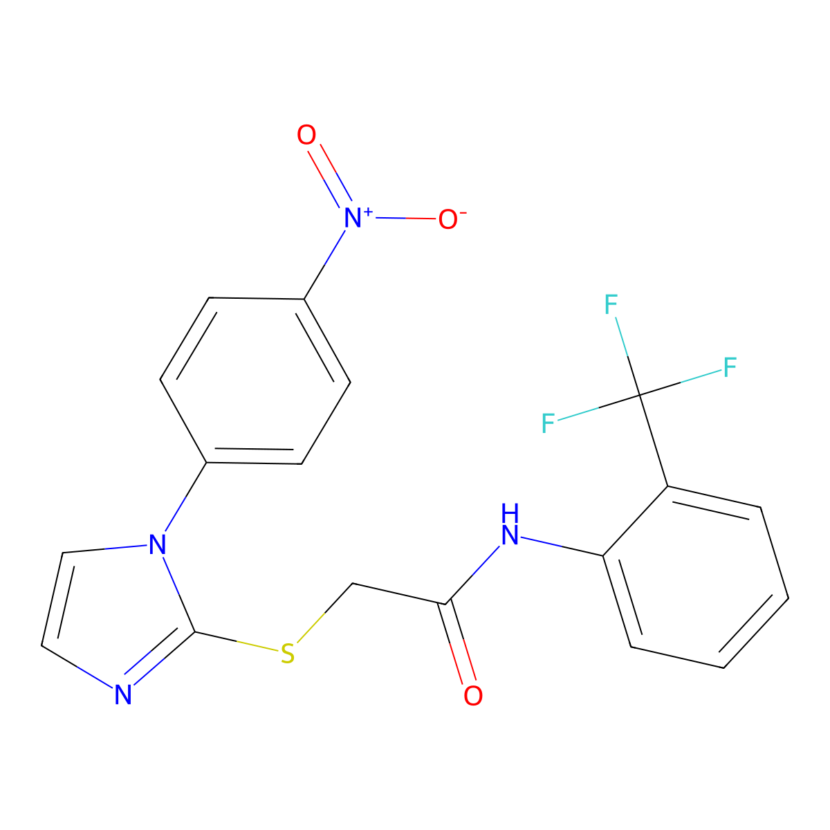 2-[1-(4-nitrophenyl)imidazol-2-yl]sulfanyl-N-[2-(trifluoromethyl)phenyl]acetamide molecular structure, CAS 851079-34-0