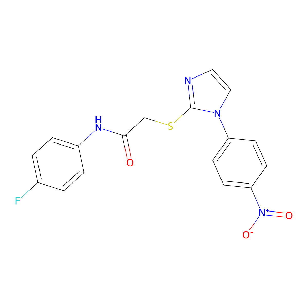 N-(4-fluorophenyl)-2-((1-(4-nitrophenyl)-1H-imidazol-2-yl)thio)acetamide molecular structure, CAS 851079-39-5
