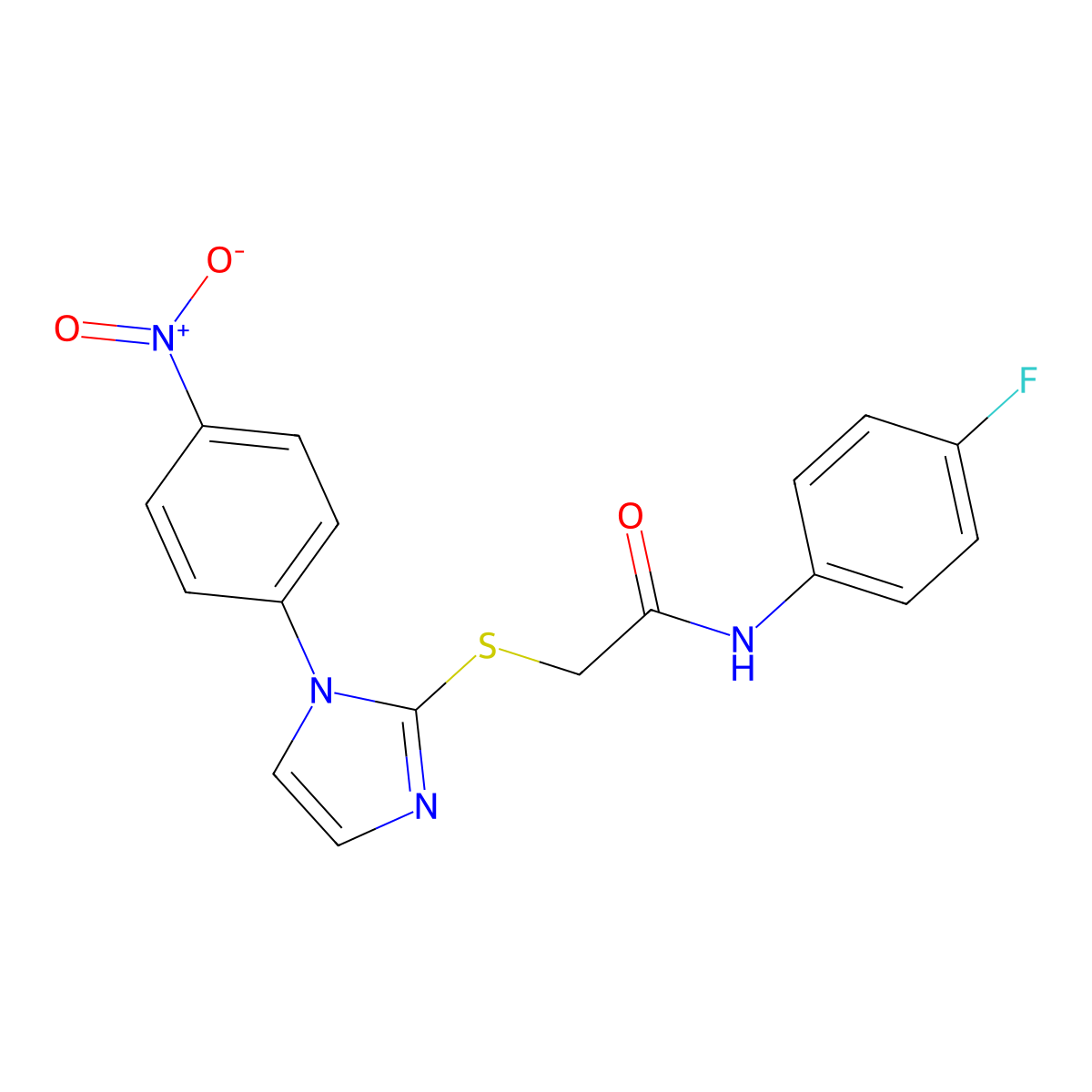 N-(4-fluorophenyl)-2-((1-(4-nitrophenyl)-1H-imidazol-2-yl)thio)acetamide molecular structure, CAS 851079-39-5