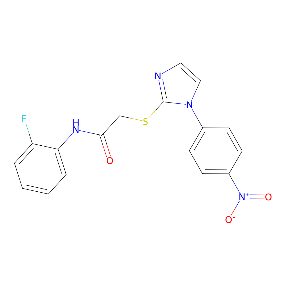 N-(2-fluorophenyl)-2-((1-(4-nitrophenyl)-1H-imidazol-2-yl)thio)acetamide molecular structure, CAS 851079-41-9