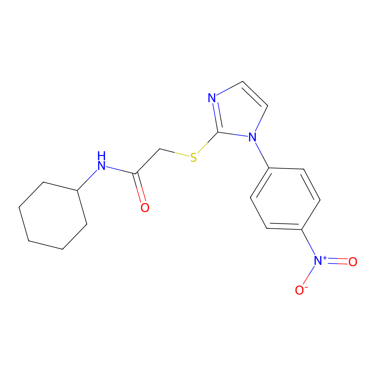 N-cyclohexyl-2-[1-(4-nitrophenyl)imidazol-2-yl]sulfanylacetamide molecular structure, CAS 851079-52-2