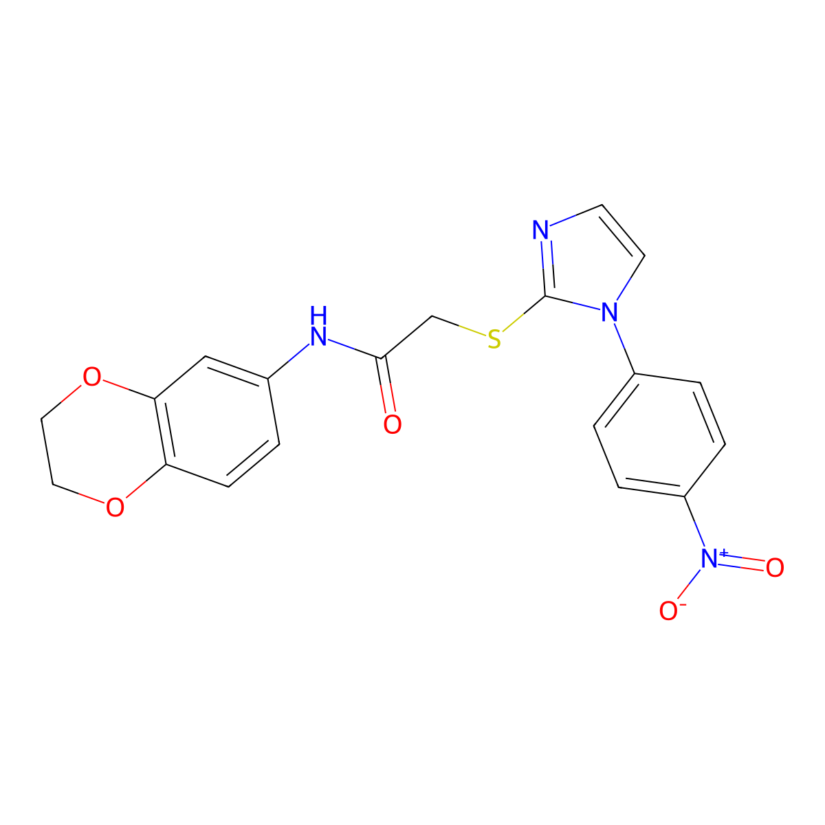 N-(2,3-dihydrobenzo[b][1,4]dioxin-6-yl)-2-((1-(4-nitrophenyl)-1H-imidazol-2-yl)thio)acetamide molecular structure, CAS 851079-53-3