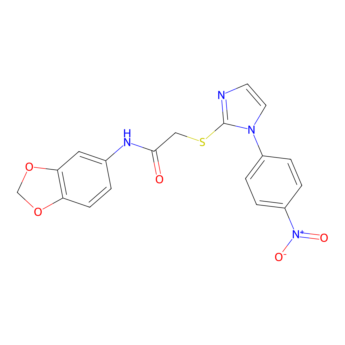 N-(benzo[d][1,3]dioxol-5-yl)-2-((1-(4-nitrophenyl)-1H-imidazol-2-yl)thio)acetamide molecular structure, CAS 851079-54-4