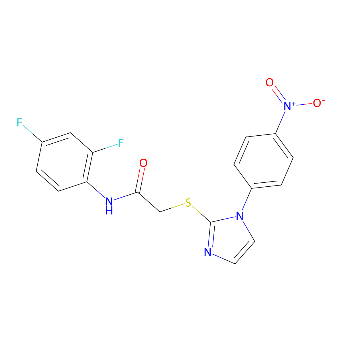 N-(2,4-difluorophenyl)-2-((1-(4-nitrophenyl)-1H-imidazol-2-yl)thio)acetamide molecular structure, CAS 851079-55-5
