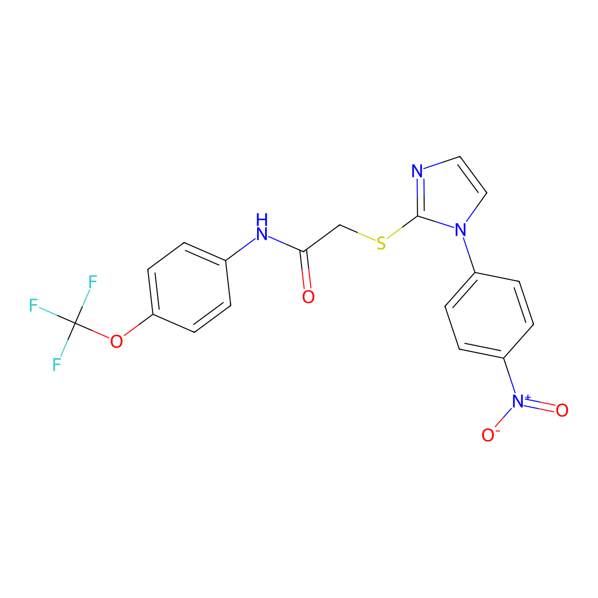 2-((1-(4-nitrophenyl)-1H-imidazol-2-yl)thio)-N-(4-(trifluoromethoxy)phenyl)acetamide molecular structure, CAS 851079-56-6