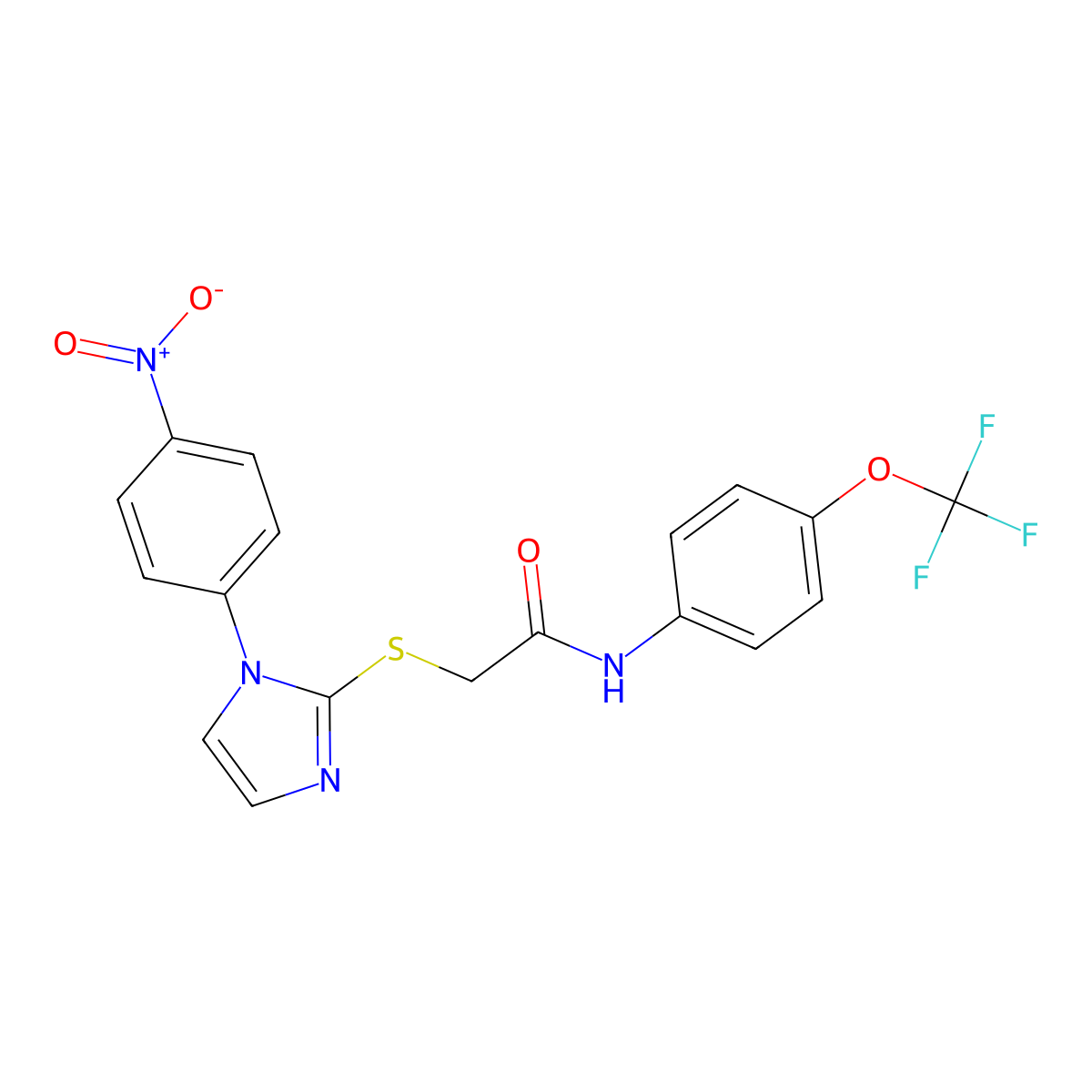 2-((1-(4-nitrophenyl)-1H-imidazol-2-yl)thio)-N-(4-(trifluoromethoxy)phenyl)acetamide molecular structure, CAS 851079-56-6