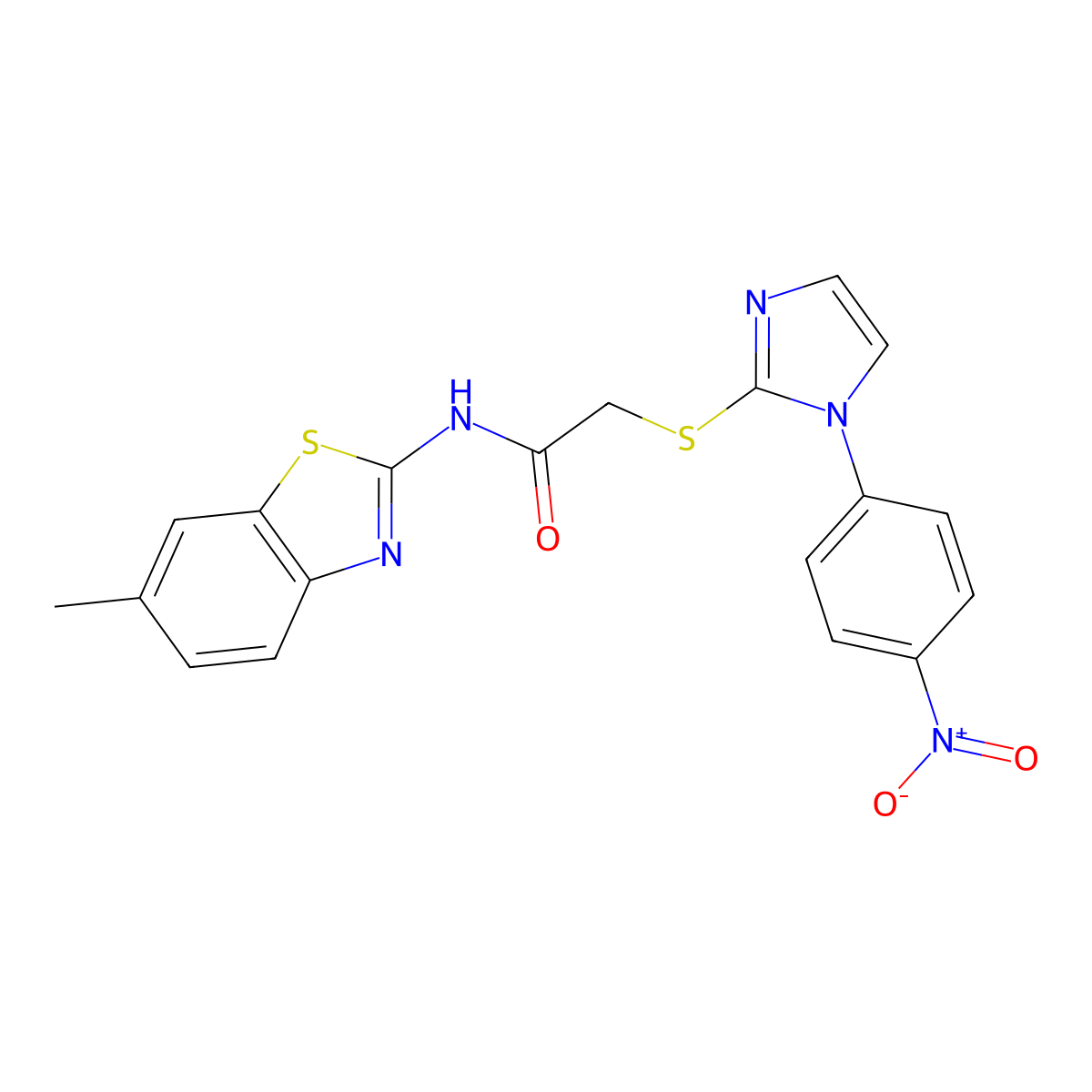 N-(6-methyl-1,3-benzothiazol-2-yl)-2-[1-(4-nitrophenyl)imidazol-2-yl]sulfanylacetamide molecular structure, CAS 851079-59-9