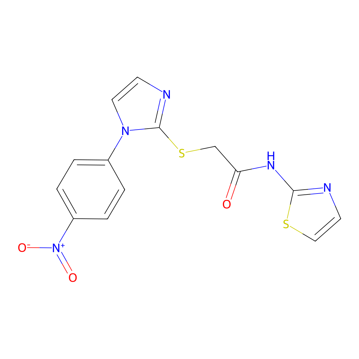 2-((1-(4-nitrophenyl)-1H-imidazol-2-yl)thio)-N-(thiazol-2-yl)acetamide molecular structure, CAS 851079-60-2