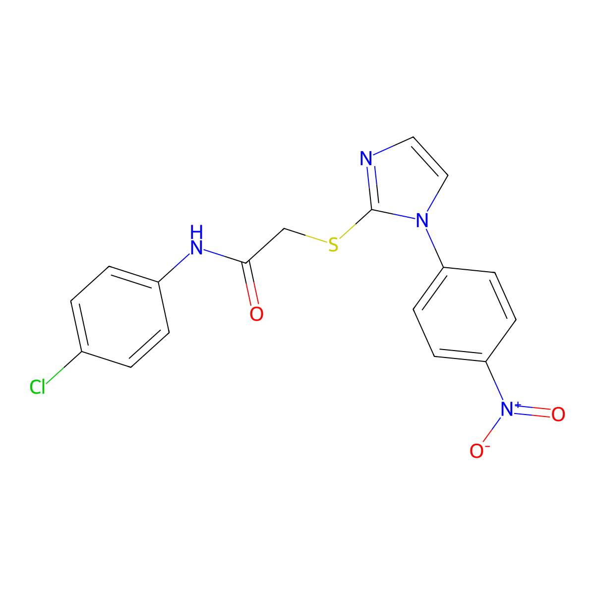 N-(4-chlorophenyl)-2-((1-(4-nitrophenyl)-1H-imidazol-2-yl)thio)acetamide molecular structure, CAS 851079-64-6