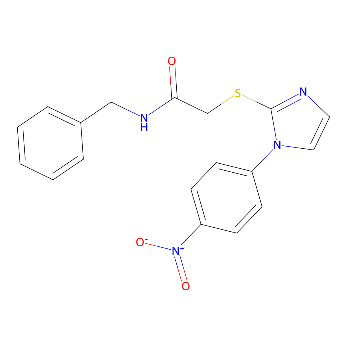 N-benzyl-2-((1-(4-nitrophenyl)-1H-imidazol-2-yl)thio)acetamide molecular structure, CAS 851079-71-5