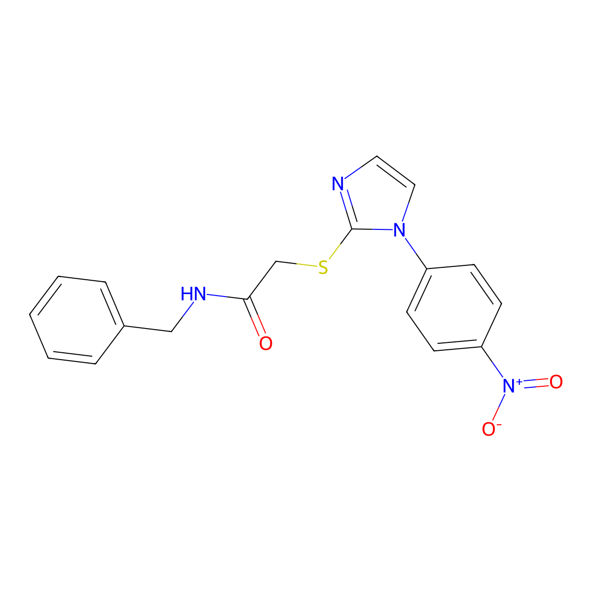 N-benzyl-2-((1-(4-nitrophenyl)-1H-imidazol-2-yl)thio)acetamide molecular structure, CAS 851079-71-5