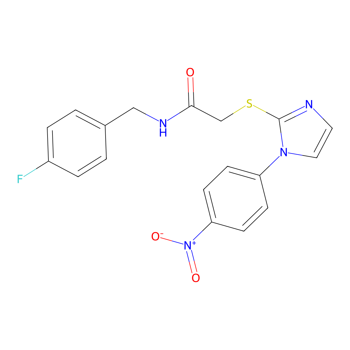 N-(4-fluorobenzyl)-2-((1-(4-nitrophenyl)-1H-imidazol-2-yl)thio)acetamide molecular structure, CAS 851079-72-6
