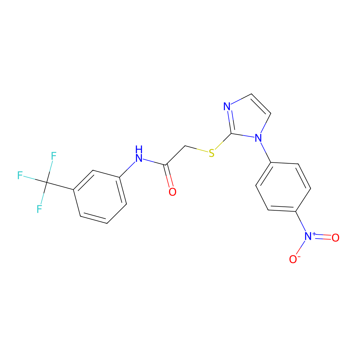 2-[1-(4-nitrophenyl)imidazol-2-yl]sulfanyl-N-[3-(trifluoromethyl)phenyl]acetamide molecular structure, CAS 851079-74-8
