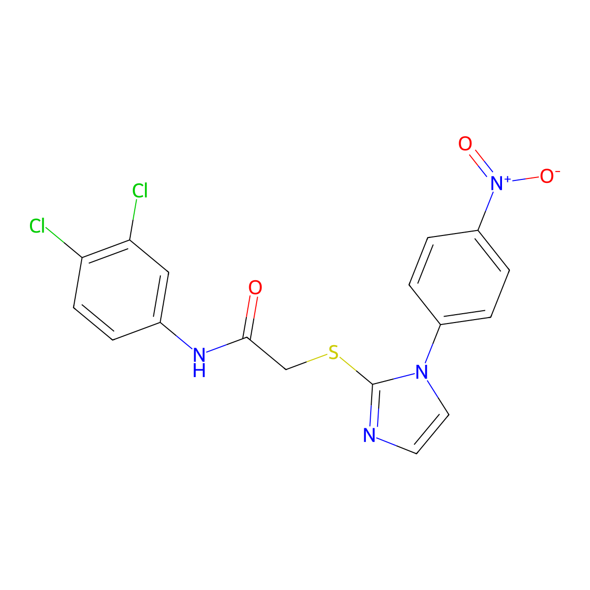 N-(3,4-dichlorophenyl)-2-((1-(4-nitrophenyl)-1H-imidazol-2-yl)thio)acetamide molecular structure, CAS 851079-79-3