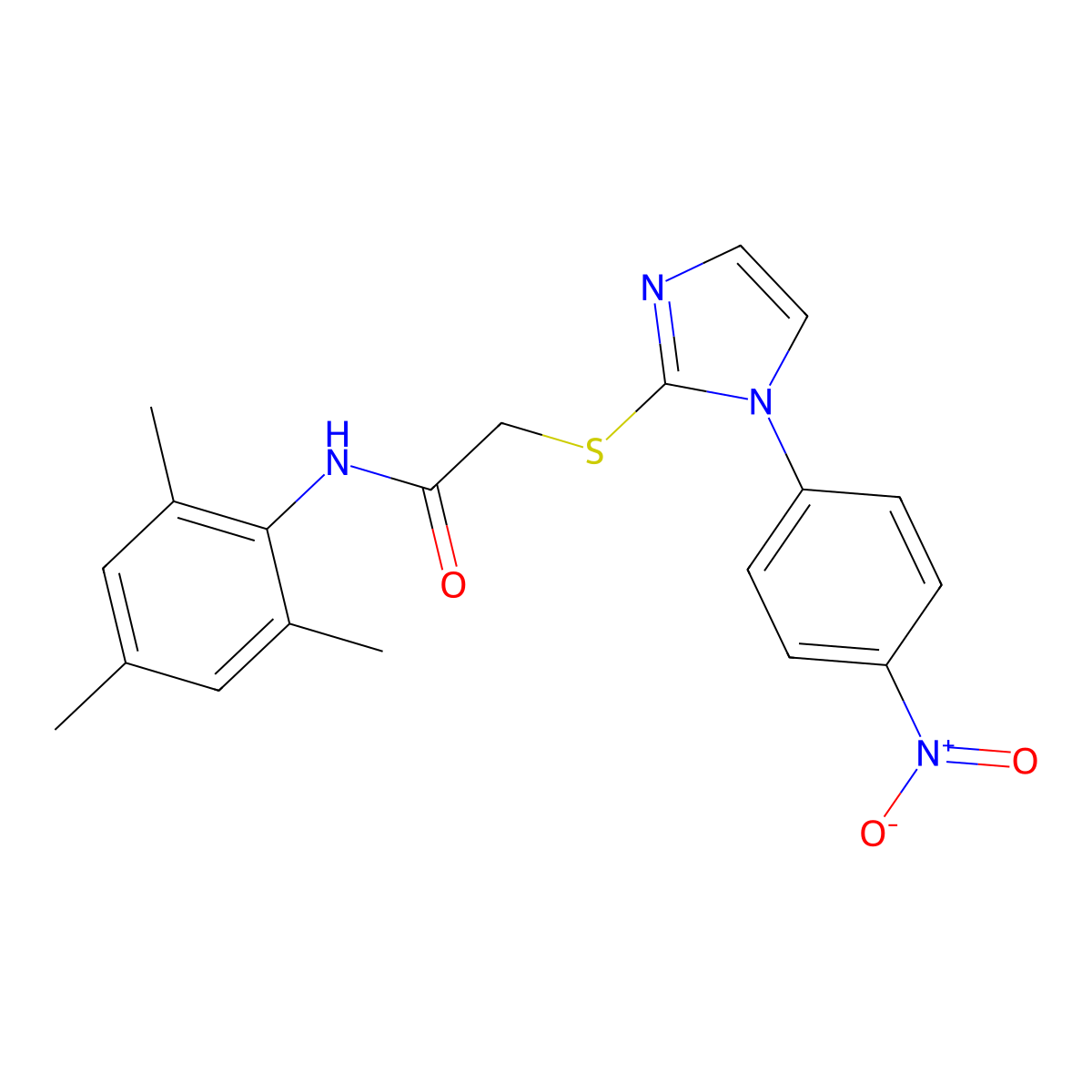 N-mesityl-2-((1-(4-nitrophenyl)-1H-imidazol-2-yl)thio)acetamide molecular structure, CAS 851079-80-6
