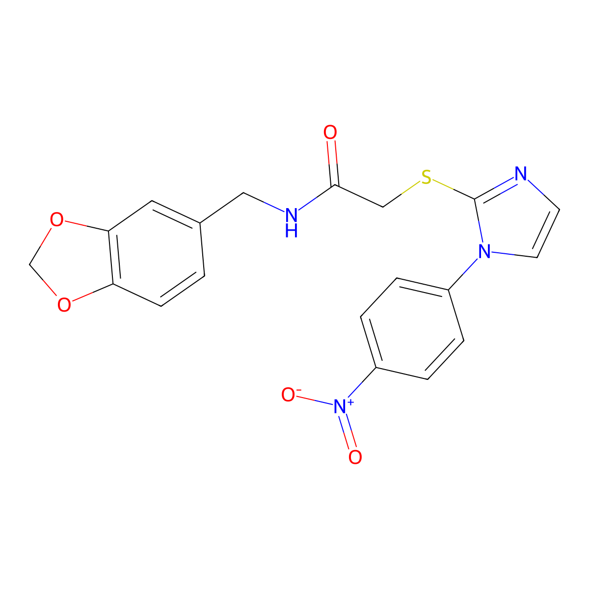 N-(benzo[d][1,3]dioxol-5-ylmethyl)-2-((1-(4-nitrophenyl)-1H-imidazol-2-yl)thio)acetamide molecular structure, CAS 851079-81-7