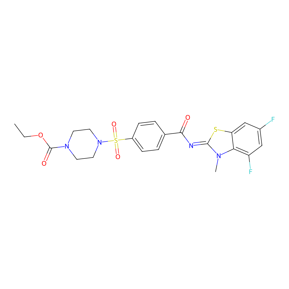 (E)-ethyl 4-((4-((4,6-difluoro-3-methylbenzo[d]thiazol-2(3H)-ylidene)carbamoyl)phenyl)sulfonyl)piperazine-1-carboxylate molecular structure, CAS 851079-87-3