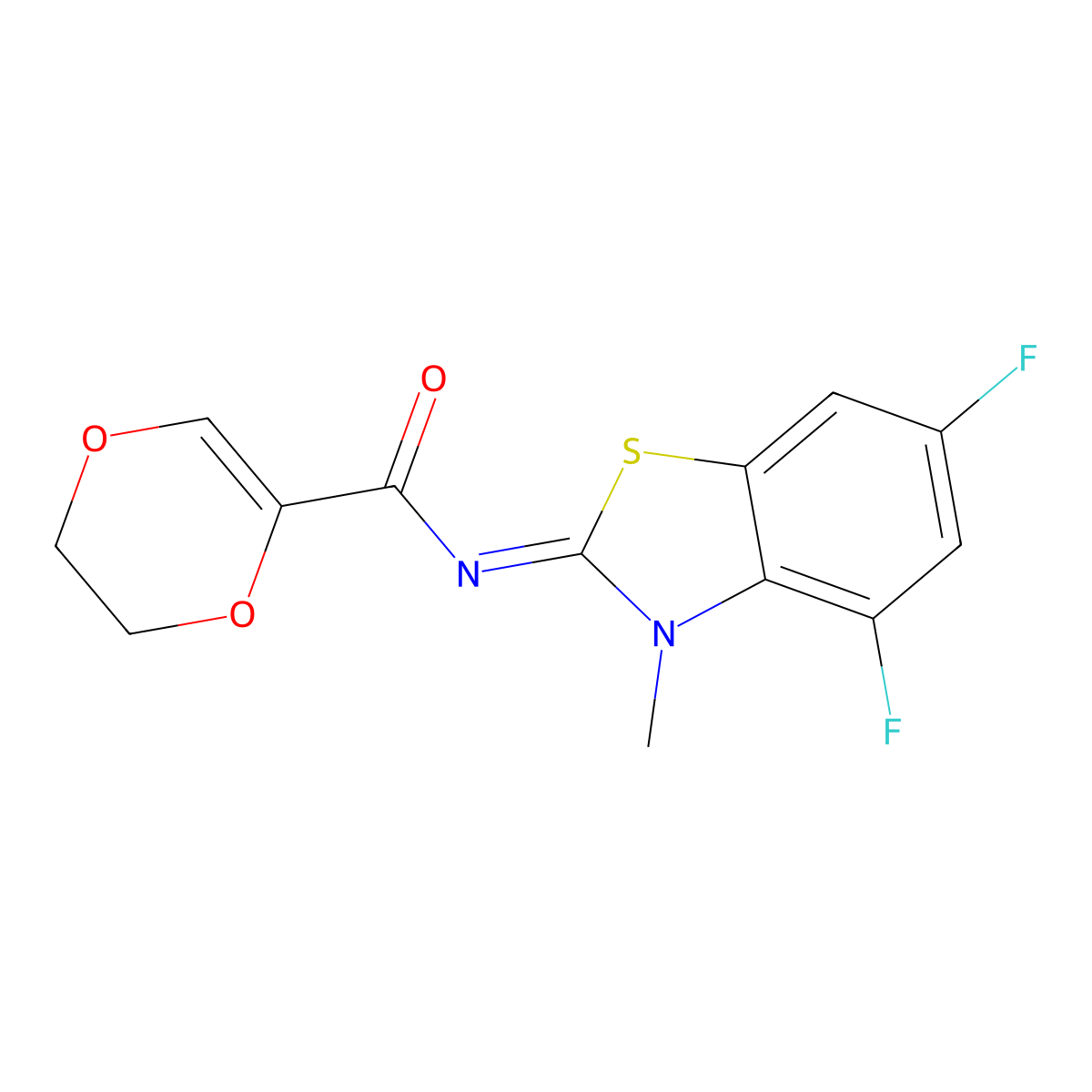 (E)-N-(4,6-difluoro-3-methylbenzo[d]thiazol-2(3H)-ylidene)-5,6-dihydro-1,4-dioxine-2-carboxamide molecular structure, CAS 851079-89-5