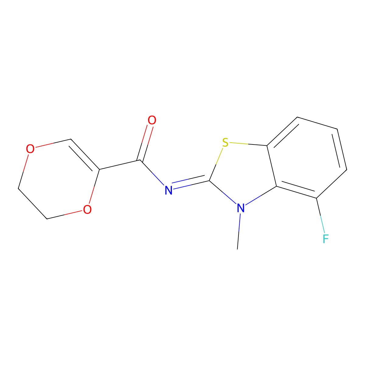 (E)-N-(4-fluoro-3-methylbenzo[d]thiazol-2(3H)-ylidene)-5,6-dihydro-1,4-dioxine-2-carboxamide molecular structure, CAS 851079-97-5