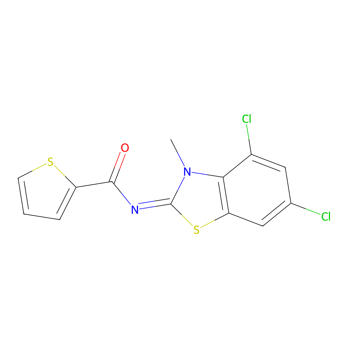 N-(4,6-dichloro-3-methyl-1,3-benzothiazol-2-ylidene)thiophene-2-carboxamide molecular structure, CAS 851080-37-0