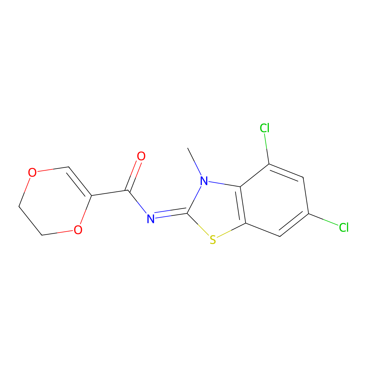 (Z)-N-(4,6-dichloro-3-methylbenzo[d]thiazol-2(3H)-ylidene)-5,6-dihydro-1,4-dioxine-2-carboxamide molecular structure, CAS 851080-43-8
