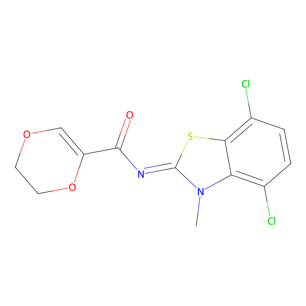 (Z)-N-(4,7-dichloro-3-methylbenzo[d]thiazol-2(3H)-ylidene)-5,6-dihydro-1,4-dioxine-2-carboxamide molecular structure, CAS 851080-46-1