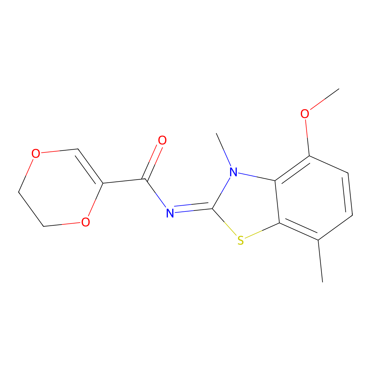 (Z)-N-(4-methoxy-3,7-dimethylbenzo[d]thiazol-2(3H)-ylidene)-5,6-dihydro-1,4-dioxine-2-carboxamide molecular structure, CAS 851080-58-5