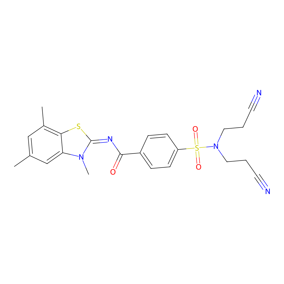 (Z)-4-(N,N-bis(2-cyanoethyl)sulfamoyl)-N-(3,5,7-trimethylbenzo[d]thiazol-2(3H)-ylidene)benzamide molecular structure, CAS 851080-67-6