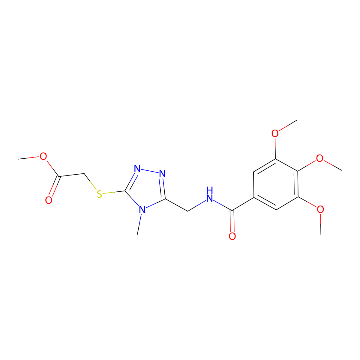 methyl 2-((4-methyl-5-((3,4,5-trimethoxybenzamido)methyl)-4H-1,2,4-triazol-3-yl)thio)acetate molecular structure, CAS 851080-79-0